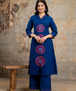 Blue Cotton Embroidered A-line Kurti Set